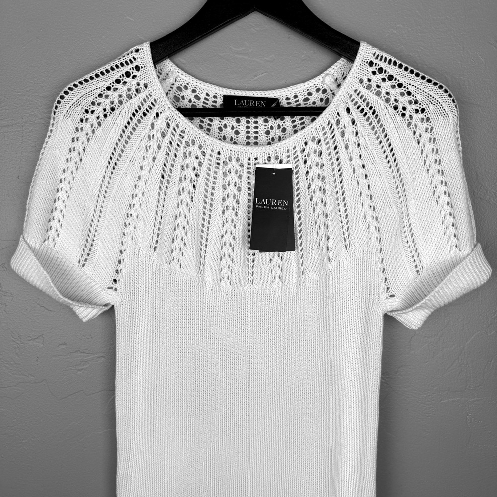 NEW Lauren Ralph Lauren Size M White‎ Knit Short Sleeve Sweater Top Classic Chic - Picture 2 of 7